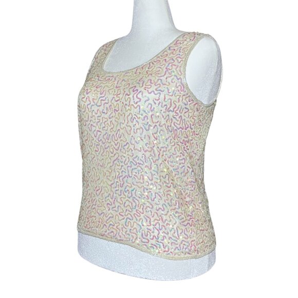 Vintage 90s Y2K 100% Silk White Going Out Top Sequins. Large. Bachelorette Fairy - Picture 2 of 10